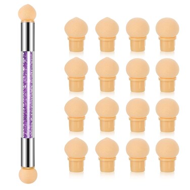 17 Pcs in 1 Set Nail Sponges for Ombre, Double-Head Ombre Brush for Gel Nails with 16 Pcs Replacement Head (Purple)
