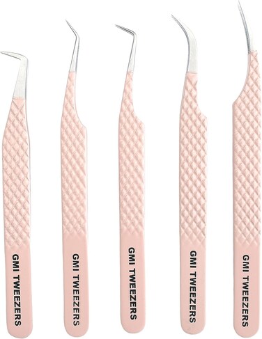 GMI Lash Tweezers - Set of 5 Eyelash Tweezers- Stainless Steel Eyelash Extension Tweezers - Multipurpose Lash Tweezers for Eyelash Extensions for Individual. (Nude)