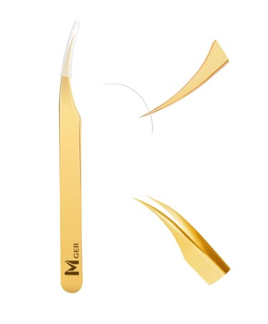 Lash Tweezers for Eyelash Extension, Hand Calibrated Dolphin-shaped Tip eyelash tweezers, False Lash Application Tools, Lash extension tweezers gold
