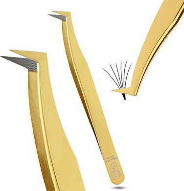 My Lash Tools Fiber Tip Lash Tweezers for Eyelash Extensions Pro Tweezer for Volume Lashes Japanese Stainless Steel Mink Lashes Fan Making Mega Volume Boot Angled Lashing Tweezers (Gold)