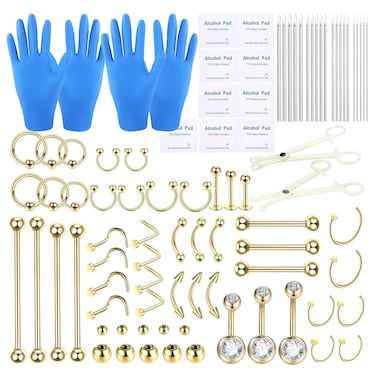 BLZ 90PCS Body Piercing Kit 14K Ear Nose Belly Eyebrow Piercing Needles 20G 18G 16G 14G 12G Body Piercing Kit Piercing Clamps Gloves Piercing Tools for New Piercing