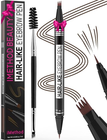 iMethod Eyebrow Pen - Eyebrow Pencil Magical 2-in-1 Eye Brow Pencils for Women with 4-Fork-Tip &amp; Precise Brush-Tip Create Natural Hair-Like Brows, Last All-Day, Microblading Eyebrow Pen, Dark Brown