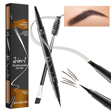 Microblading Eyebrow Pen, 2-In-1 Dual-Ended Waterproof Eyebrow Pencil with 4-Fork-Tip &amp; Ultra-Precise Tip, and an Angled Eyebrow Brush, Eye Brow Pencils for Women -Dark Brown
