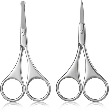 2Pcs Facial Hair Small Grooming Scissors For Men Women - Eyebrow, Nose Hair, Mustache, Beard, Eyelashes, Ear Trimming Kit - Curved and Rounded Safety Tip Clippers For Hair Cutting - Silver