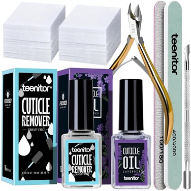 Teenitor Cuticle Softener Remover, Cuticle Oil, Nail Care Cuticle Remover Tools Set with Cuticle Trimmer,Cuticle Pusher,Nail File Buffer, Cuticle Nipper Lavender