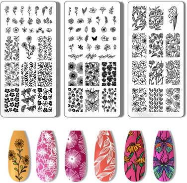 PH PandaHall 3pcs Nail Stamping Plate Flower Leaf Nail Stamper Plant Nail Stencils Tip Nail Stamp Tool Print Nail Stencils Stainless Steel Nail Image Plates for Nail Art Design Manicure Salon