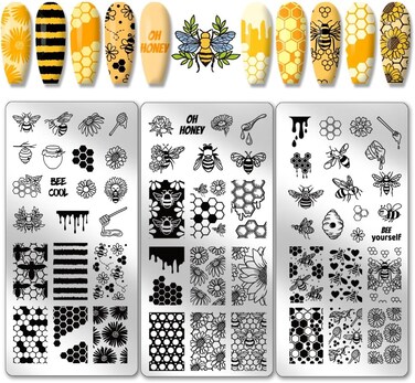 PandaHall 3-Piece Honeycomb Nail Stamper Set, Spring Bee &amp; Sunflower Nail Art Stencils, Stainless Steel Image Plates