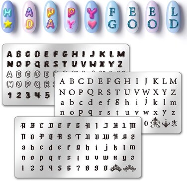 PH PandaHall 3pcs Letter Number Nail Stamping Plates, 3 Styles Alphabet Nail Stamper Typeface Nail Art Stencils Print Nail Stencils Stainless Steel Nail Image Plate for Nail Art Design Manicure Salon
