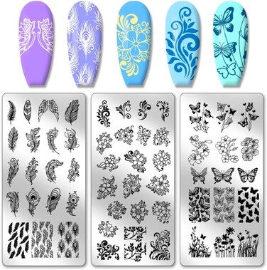 PH PandaHall 3pcs Feather Nail Stamp Plates, 55 Patterns Feather Flower Butterfly Nail Stamper Plant Nail Art Stencils Stainless Steel Nail Image Plates for Nail Art Design Manicure Salon