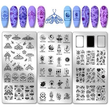 PH PandaHall 3pcs Tarot Nail Art Stamping Plate, 63 Pattern Fantasy Moth Nail Stamper Fantasy Elements Nail Stamping Plate Print Nail Stencils Stainless Steel Nail Image Plates for Nail Art Design