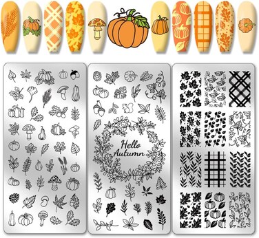 PH PandaHall Fall Thanksgiving Theme Nail Stamping Plate 88 Patterns Stainless Steel Nail Template 3PCS Leaves Pumpkins Plaid Autumn Blessing Nail Art Plate for Nail Art Design 4.7x2.4 inches