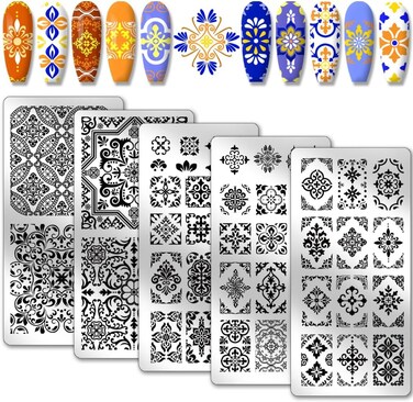 PH PandaHall 5pcs Mosaic Tile Pattern Nail Art Templates, Kaleidoscope Stamping Plate 52 Patterns Plant Flower Nail Art Stencils Stainless Steel Plates for Nail Design Print Manicure Salon