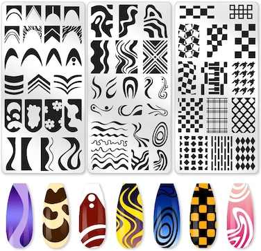 3Pcs French Border Plaid Nail Stamping Plate Floral Nail Stamping Templates French Line Tip Nail Art Stamp Plates Image Plate Stainless Steel DIY Reusable Tools for Manicure Printing