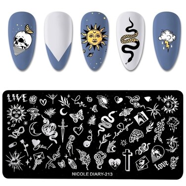 NICENEEDED Punk Style Nail Art Stamping Template, Tarot Cross Snake Butterfly Image Nail Plates Nail Supplies, 1Pc Mix Pattern Vintage Nail Templates for Printing Stencil Tools