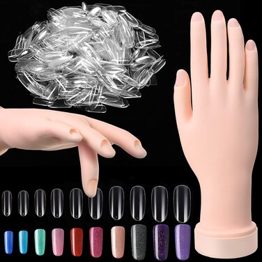 Nail Art Training Practice Hand Bendable Silicone Fake Hand and 500 Pieces False Nails for Nail Art Training Display (Transparent Nails)