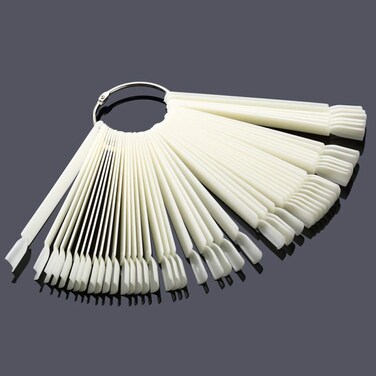100 Pieces Nail Art Polish Display Practice Stick with Metal Split Ring Holder - Fan Shape Finger Clipper Nail Art Tips Display Swatches Nail Polish Color Board Card Plates Practice Templates