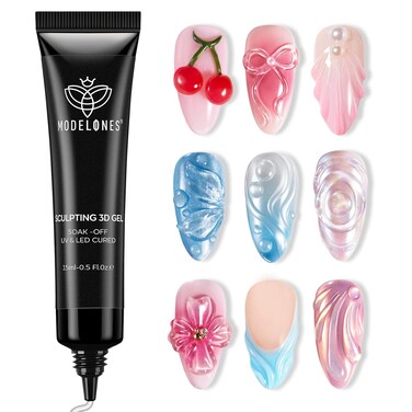 Modelones 3D Nail Gel Art, Sculpting Gel Glue for Molding, Drawing, Nail Charms &amp; Gems, Chrome Powder and Rhinestone Design No Wipe, U V Light Cured Salon &amp; DIY Use
