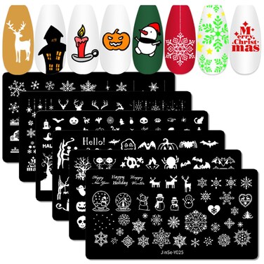 SILPECWEE 6 Pieces Halloween Christmas Nail Stamping Plate Holiday Nail Stamp Pumpkin Snowflake Nail Design Stamp Stencils Nail Art Template Nail Art Stamping Kit Nail Art Tools