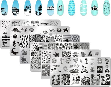 6pcs Seaside Scenery Nail Stamping Plate Nail Stamping Kit for Nails Summer Beach Coconut Trees Sunset Waves Sea Animals Image Plates Nail Stamper Kit Nail Stamping Plates for Nails