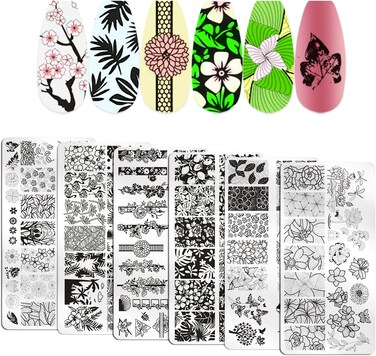 WOKOTO 6Pcs Flower Nail Stamping Plates For Nails Mix Size Image Spring Summer Flowers Leaves Nail Templates Nail Stencils For Nails Art Stamping Kit Nail Stamp Plates Set Printing Tools For Nail Art