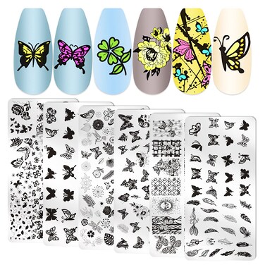 WOKOTO 6Pcs Butterfly Nail Stamping Plates Nail Stamps For Nail Art Stamping Kit Butterfly Feather Flower Stamping Plates For Nails Nail Stamp Plates Nail Plates For Nail Art Stamping Plates