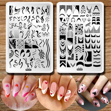 Swirl French Line Nail Stamping Plates French Tip Nail Stamp Plate Geometric Wave Stripes Snake Flower Nail Art Stamper Stencils Printing Template 2pcs Large Stainless Steel Nail Art Tools 14.5&times;9.5cm