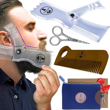 Beard Shaping Kit - Grooming Tools for Men - Adjustable Lineup Template, Premium Wooden Comb, Laser Sharpening Scissors, All in Hygiene Travel Case