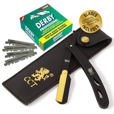 The Cambridge Cutthroat&reg; Cut Throat Razor Kit with Travel Pouch - Black &amp; Gold Stainless Steel Professional Barber Single Straight Edge for Men - Moustache Shaver &amp; Beard Shaper