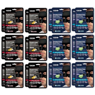 ODB for MEN Charcoal Essence Sheet Mask for Bearded Men 24 PK Hydrating Aloe &amp; Purifying Vitamin Facial Mask for men with beards Mens Skin Care Sheet Masks for Face Mens Skin Care Kit Bulk Face Masks