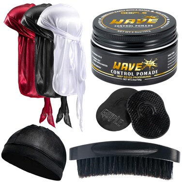 Goiple Hair Care Kit for Men's 360 Wave - Pomades for Strong Hold, Easy Wash, Moisture Control, Silky Shine &amp; Training, Curved Brush, Durag Cap Set, Du-rag, 