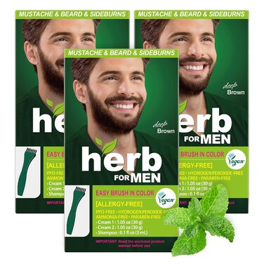 Herb For Men Mustache &amp; Beard Dye (Deep Brown, 3 Pack), PPD-Free Ammonia-Free, Vegan with Natural Ingredients, Odorless, Gentle for Sensitive Skin, No Skin Irritation