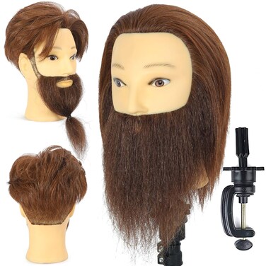 Male Mannequin Head with Beard 100% Human Hair Haircut Training Head for Cosmetology Straight Thick Hair Manikin Head Doll Head with Stand Practice Cutting Styling (6 Inches Beard Brown#)