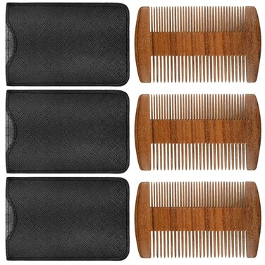3 Pieces Natural Sandalwood Wooden Dual Action Beard and Mustache Combs with Faux Leather Cases (Brown)