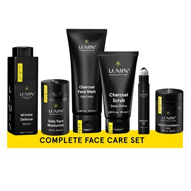 Lumin - Complete Set Men's skincare Routine includes: Charcoal Face Wash, Charcoal Scrub, Face Moisturizer, Wrinkle Serum, Recovery Oil &amp; Dark Circle Defense Balm