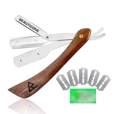Straight Razor for Men, Professional Barber Wooden Single Edge Razor, Straight Blade Shaving Beard, Stainless Steel L Shape Cutthroat 5 Blades