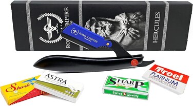 ROMAN EMPIRE SHAVING Hercules Straight Razor for Professional Barber with 20 Blades Sampler (Astra-Sharp-Shark-Treet)