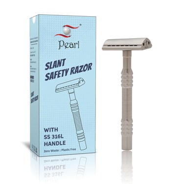 PEARL Premium Shaving Double Edge Safety Razor for Men- Semi Slant Stainless Steel   Triple Plating, Gift Kit   Efficient &amp; Gentle Shave for Thick, Wiry Hair Sensitive Skin   L-65 Semi Slant DE Razor