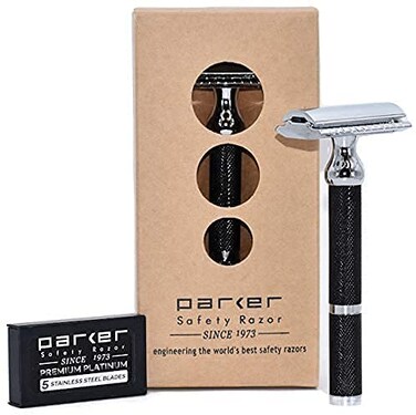 Parker 71R Medium Weight Long Handle Double Edge Safety Razor with 5 Parker Platinum Stainless Steel Razor Blades - Black Electroplated Brass Handle