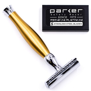 Parker 48R Heavyweight 3-Piece Double Edge Razor &ndash; Matte Gold Finish with 5 Premium Platinum Double Edge Razor Blades - Delivers a Barber Shop Quality Shave