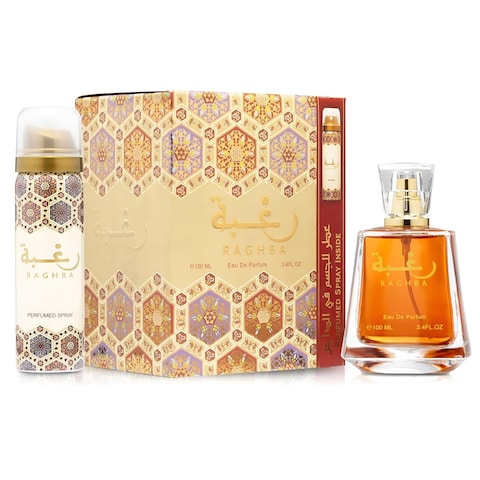 Lattafa Raghba 2-piece Set for Unisex (3.4 Oz Eau de Parfum Spray + 1.7 Oz Perfumed Deodorant Spray)