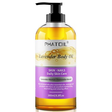 Lavender Body Oil with Pump, 260 ml (8.8 fl.oz) Premium Quality Massage Oil, Versatile Skin Care Hair Care, Blends of Natural Plant Oils and Essential Oils, Body Oils for Women and Men