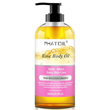 Rose Body Oil with Pump, 260 ml (8.8 fl.oz) Premium Quality Massage Oil for All Skin Types, Blends of Natural Plant Oils and Essential Oils, Rose Oil Scented Body Oils for Women and Men