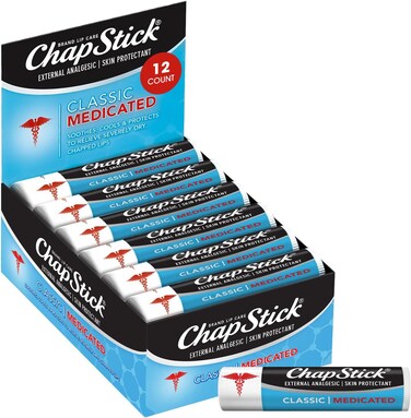 ChapStick Bulk Medicated Lip Balm 12-Pack &ndash; External Analgesic, Skin Protectant for Dry Lips &amp; Cold Sore Pain Relief, 0.15 Oz Ea