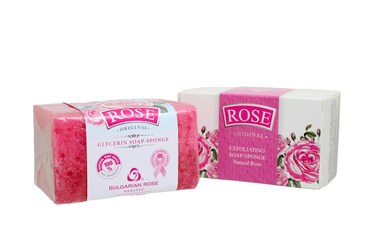 Bulgarian Rose Exfoliating Soap Sponge with Natural Rose Oil, Cleansing Soap Bar and a Gentle Exfoliating Sponge in One