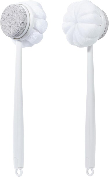 Pumice Stone and Shower Loofah with Long Handle, 2 Pack Hard Skin Callus Remover, 2 in 1 Foot Scrubber, Back Scrubber for Shower Deep Cleansing and Exfoliation, Dead Dry Skin Removal