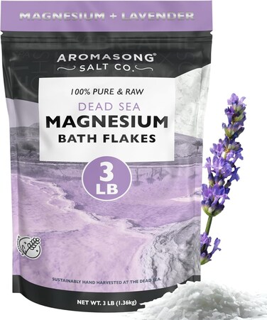 Aromasong RAW Magnesium Bath Flakes with 100% Natural Lavender, 3 LB Muscle Relaxing Organic Salts Mg Chloride, Mineral Soak. (Packaging May Vary)