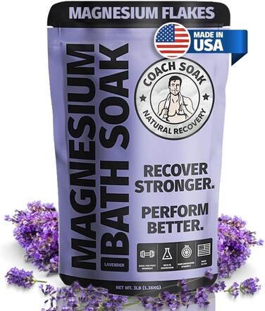 Coach Soak Recovery Bath Soak - Faster Absorption Than Epsom Salt for Pain - Rejuvenating Magnesium Flakes with 21 Minerals, Essential Oils &amp; Bath Salts, 3lbs (Calming Lavender)