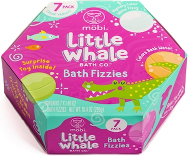 Mobi Little Whale Bath Fizzies - Bath Fizzies Made with Epsom Salts &amp; Tropical Fruity Scents, Surprise Toy Inside, Non Toxic, Chemical Free &amp; GMO Free - Color Variety, 7 Pack