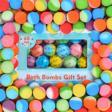 60 Pcs Bath Bombs Set - Massive Quantity Natural Bath Bombs for Kids/Women/Men Individually Wrapped Handmade Bath Bombs &amp; Organic Bath Supplies Relaxing Kit - for Birthday, Christmas, Mother's Day