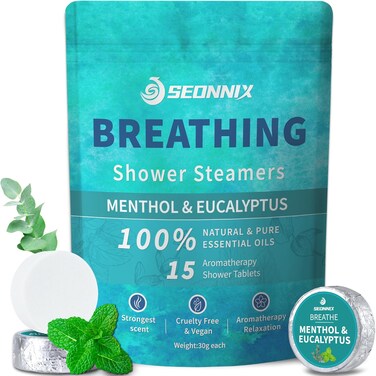 Shower Steamers Aromatherapy 15 Pack, Menthol &amp; Eucalyptus Shower Bombs with Natural Essential Oils, Quick Relief Nasal Congestion, Relaxation &amp; Self Care Gifts for Women &amp; Men
